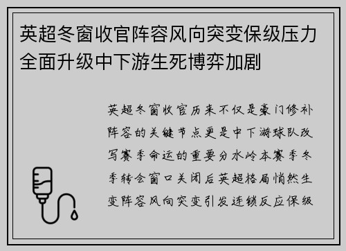 英超冬窗收官阵容风向突变保级压力全面升级中下游生死博弈加剧 英超冬窗收官阵容风向突变保级压力全面升级中下游生死博弈加剧